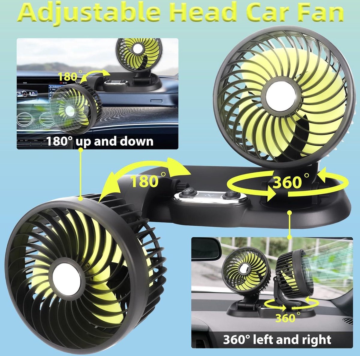 Draagbare Dubbele Autoventilator – 5-Blad 360° Draaibaar Ultra-Stil