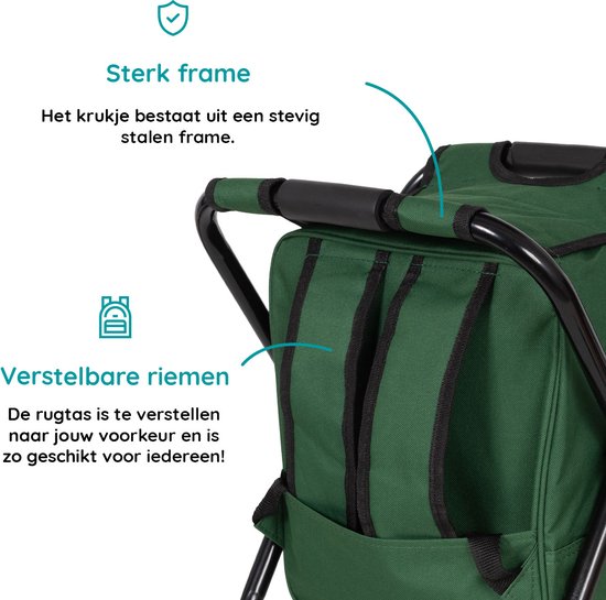 Relaxy Vouwkruk met koeltas - 3 in 1 - Draagbaar als rugzak - Koelrugzak - Uitstekend geschikt voor onderweg - Opvouwbaar viskrukje - Stevige constructie - Nylon + Staal - H41xB36xL29cm - Groen van Merkloos — afbeelding 5