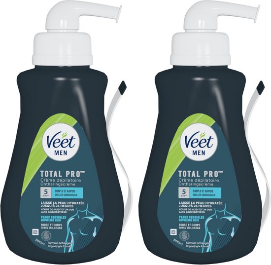 Twee flacons Veet Men Total Pro crème, donkerblauw met groen en wit logo.