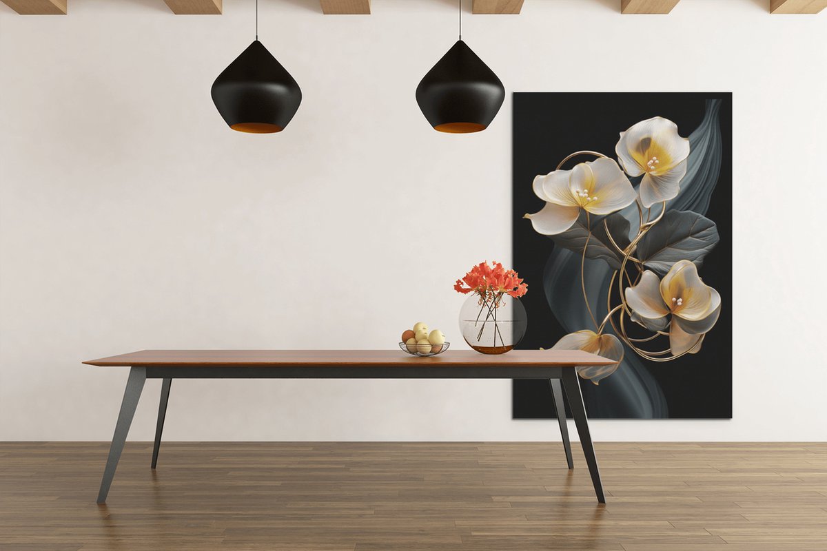 Canvas Schilderij - Bloemen - Wit - Geel - Wanddecoratie - 60x40x2 cm