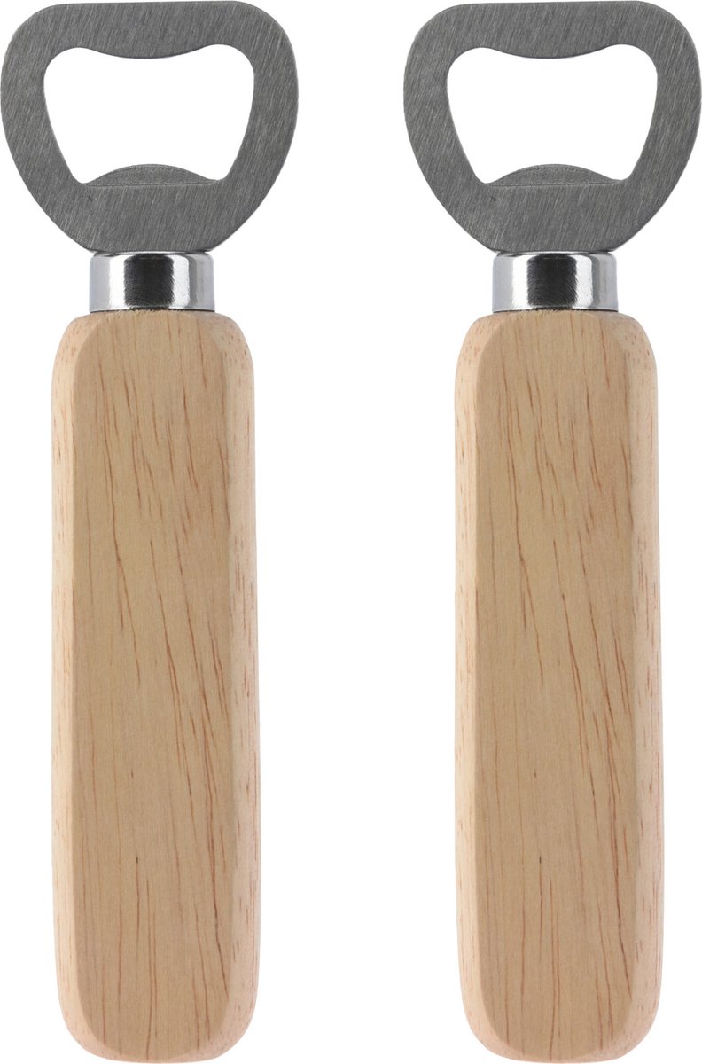 Excellent Houseware Flessenopener - 2x - RVS - eikenhout - 14 cm - bieropener