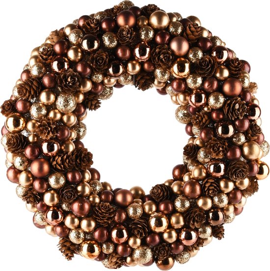 Décoratif | Couronne avec boules de Noël, marron/or/bronze, PVC, 33x33x6cm | A245282