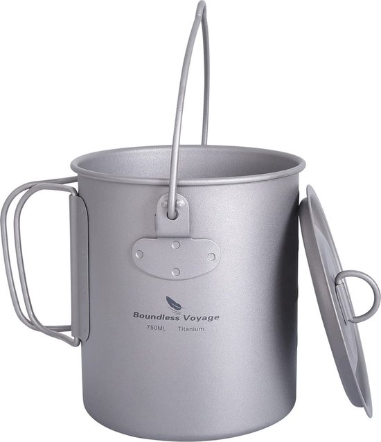 Lixa-da 2-in-1 Titanium Hanging Pot/Water Cup of Pure Titanium 1100 ml, Clear Surface Scale, Diameter 125 x 102 mm, with Lid and Foldable Handle, Storage Bag for Outdoor Camping