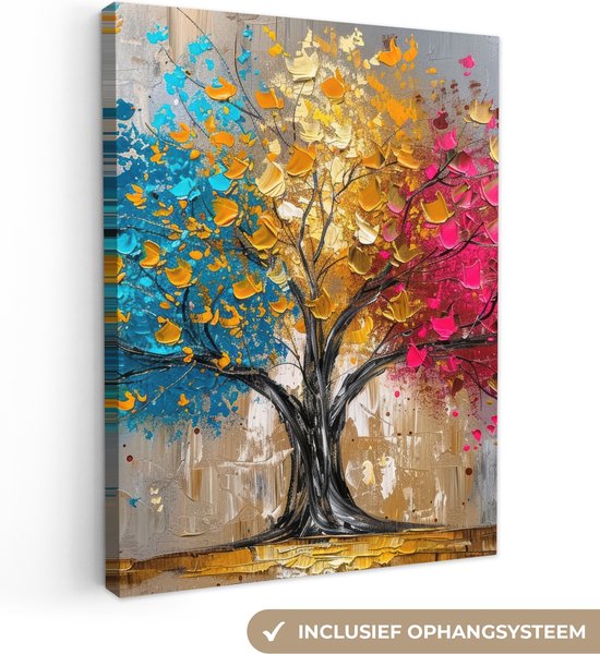 Canvas schilderij 30x40 cm - Wanddecoratie Boom - Kleurrijk - Grijs - Modern - Muurdecoratie woonkamer - Slaapkamer decoratie - Kamer accessoires - Schilderijen