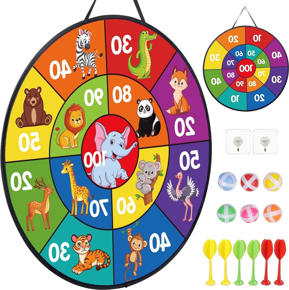 Velcro dartbord voor kinderen - dubbelzijdig dartspel - 66 cm - opvouwbaar - dier klittenbandbalspel - 6 kleverige ballen - 6 darts - werpspel - binnen en buiten - jongens en meisjes. Dartbord