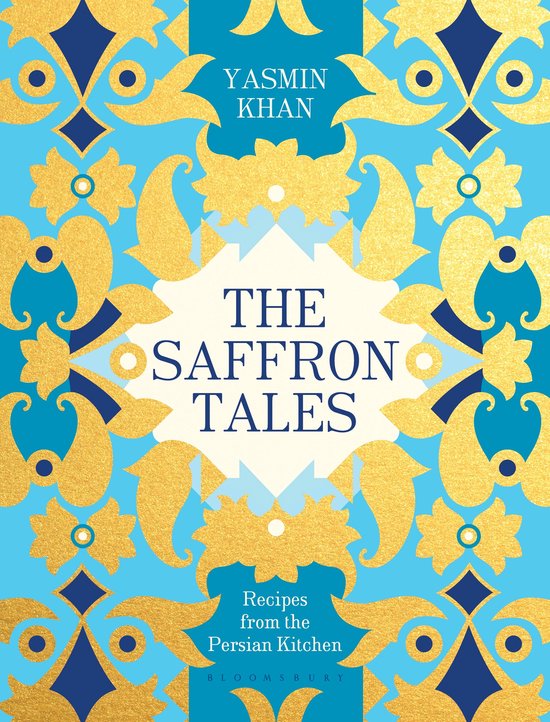 Boekomslag met de titel 'THE SAFFRON TALES' en 'Recipes from the Persian Kitchen' door YASMIN KHAN, op een achtergrond met een helderblauw en gouden patroon.