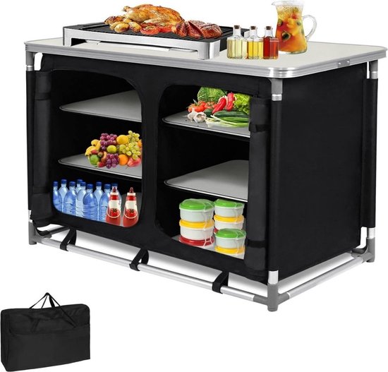 YRHome Campingkeuken, outdoor, camping, keuken, campingkast, reiskeuken met aluminium frame, draagtas, keukenbox, tentkast, vouwkast, stoffen kast