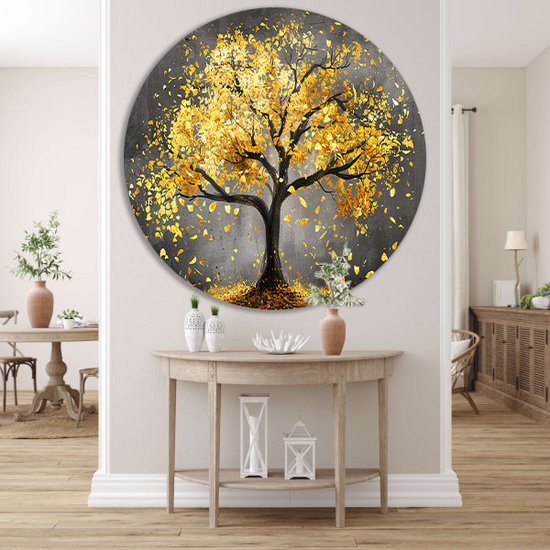 Décoration murale arbre rond - Tableau rond nature - Plaque murale feuilles - Or - Tableaux ruraux - Bol mural - Accessoires chambre cercle mural forex 100x100 cm