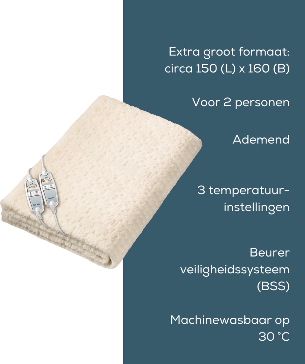 Afbeelding 2 van Beurer UB 86 Elektrische deken - Onderdeken - 2-Persoons: 150 x 160 cm - 9 Warmtestanden - 2 Schakelaars - Automatische uitschakeling - Teddy/fleece - Machinewasbaar - 5 Jaar garantie - Wit