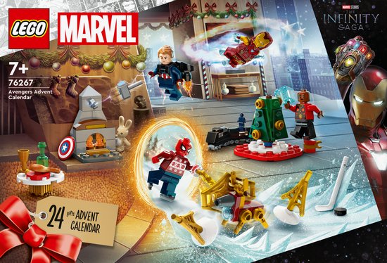 Doos van LEGO Marvel Avengers adventskalender met kersttaferelen, Iron Man en de Infinity Gauntlet.