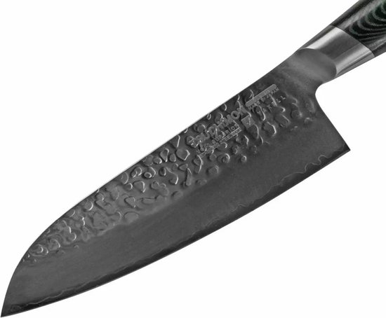 Yaxell Japonais - Série Tsuchimon - Couteau de Chef Santoku - Acier VG10 - 61 HRC - Lame 12,5 cm - 3 Couches d'Acier Damas - Manche Toile-Micarta