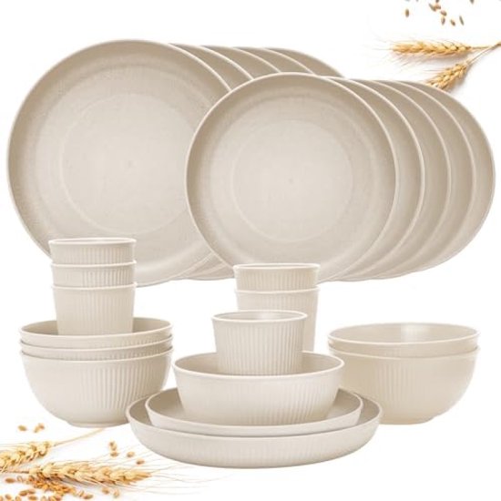 Foto: 24 stuks onbreekbare serviesset herbruikbaar campingserviesset voor 6 personen plastic servies picknick lichte kunststof serveerborden kommen bestekset beige