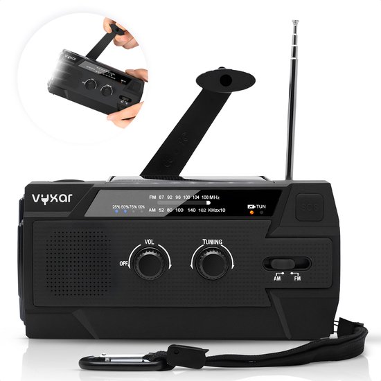 Vyxar® Noodradio – Solar Opwindbaar – Powerbank – Zonneenergie – Noodpakket – Met Zaklamp – Opwindbaar – Nederlandse handleiding