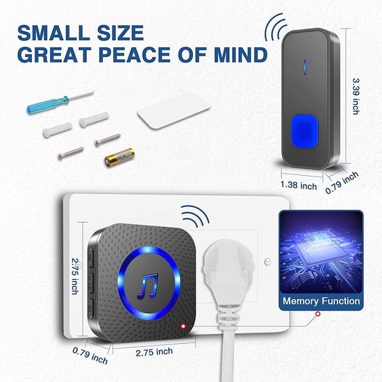Draadloze Deurbel - Waterdichte - 400 m Bereik - Draadloze Bel Voor Buiten - met 2 plug-in-ontvangers en 1 Zender - Werkt op 55 melodieën - 5 Volumes - LED-flitser Deurbel - Zwart — afbeelding 3