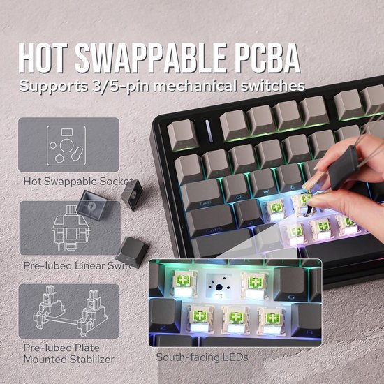 AULA F75 Pro gaming toetsenbord, zwart met grijze keycaps, hot-swappable met groene switches en zuid-gerichte LED's.