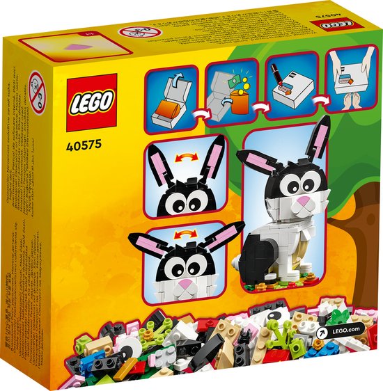 Le dos de la boîte LEGO "Année du Lapin" avec des instructions de montage, un lapin LEGO et des briques détachées.