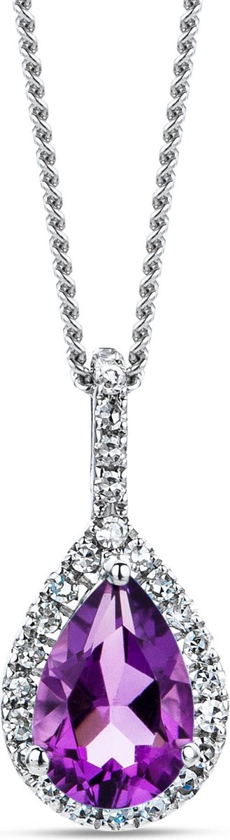 Miore Pure Collier Ketting - 9 Karaat - Zilverkleurig - Met Diamanten en Amethist - Handgemaakte Sieraden - Met Hanger - Elegante Dames Sieraden - 45 cm