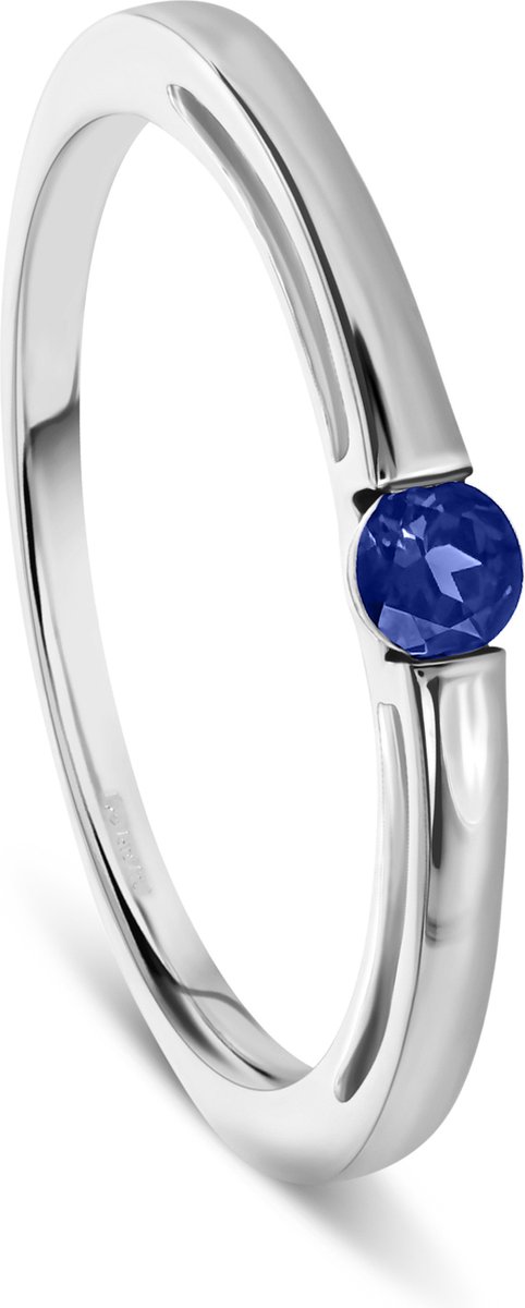 Miore Pure Ring - Gemaakt van 14 Karaat Witgoud - Met een Blauwe Saffier - Handgemaakte Sieraden - Trouwringen - Elegante Dames Sieraden - Maat 50