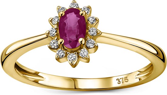 Miore Pure Ring - 9 Karaat - Goudkleurig - Met Diamanten en een Robijn - Handgemaakte Sieraden - Elegant - Elegante Dames Sieraden - Maat 54