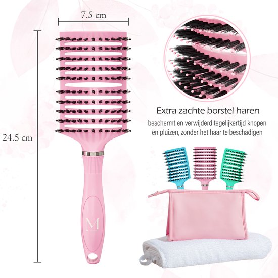 Brosse à cheveux perméable à Ventilation incurvée Moonie's - Brosse à cheveux anti-emmêlement - Rose - Brosse démêlante - Brosse ventilée incurvée - Pink