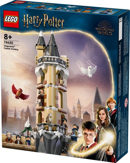 Boîte du set Lego Harry Potter Le Château de Poudlard L'aile des Hiboux avec Harry, Hermione et Ron.