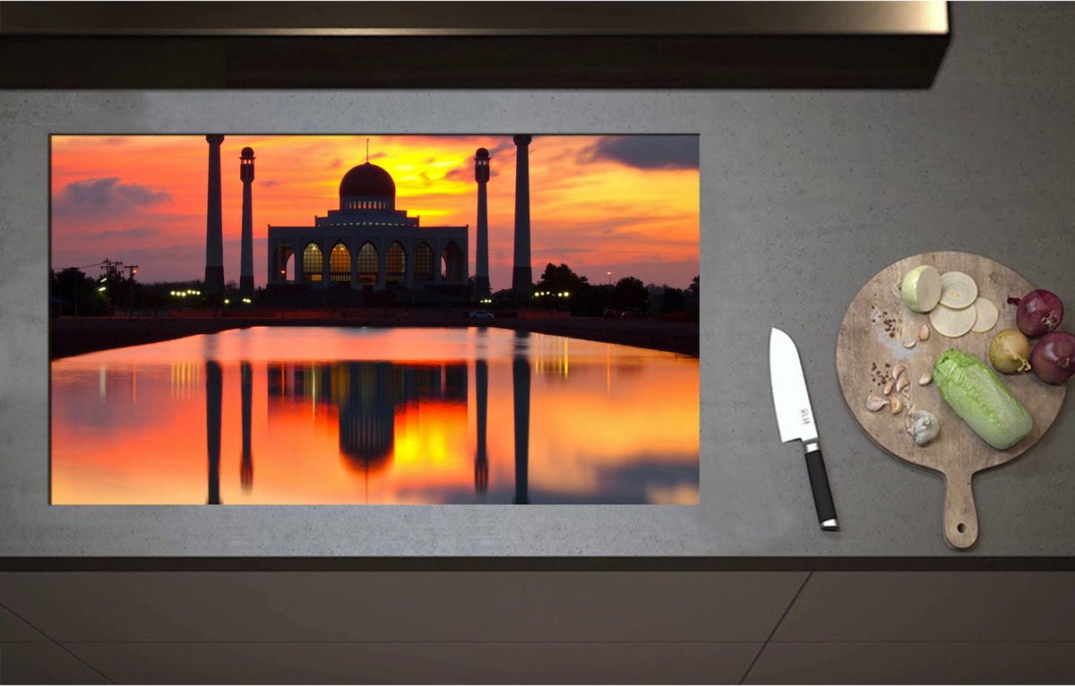 Inductieplaat Beschermer - Central Mosque of Songklha in Thailand bij Avondzon - 90x52 cm - 2 mm Dik - Inductie Beschermer - Bescherming Inductiekookplaat - Kookplaat Beschermer van Wit Vinyl