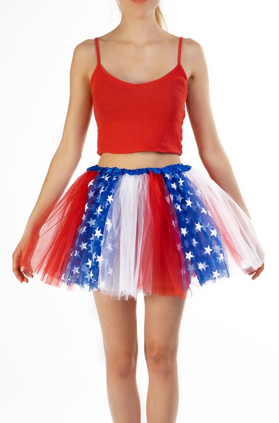 KIMU® Tutu USA Rood Wit Blauw Petticoat - Maat M L - Tule Rokje - Amerikaanse Vlag Rok Cheerleader Amerika Kinder Pakje Dames Vrouwen Sterren Sterretjes Festival