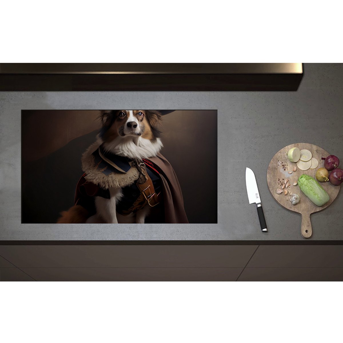 Inductieplaat Beschermer - Bruin met Zwarte Hond Verkleerd in Historisch Piraten Pak - 85x50 cm - 2 mm Dik - Inductie Beschermer - Bescherming Inductiekookplaat - Kookplaat Beschermer van Wit Vinyl