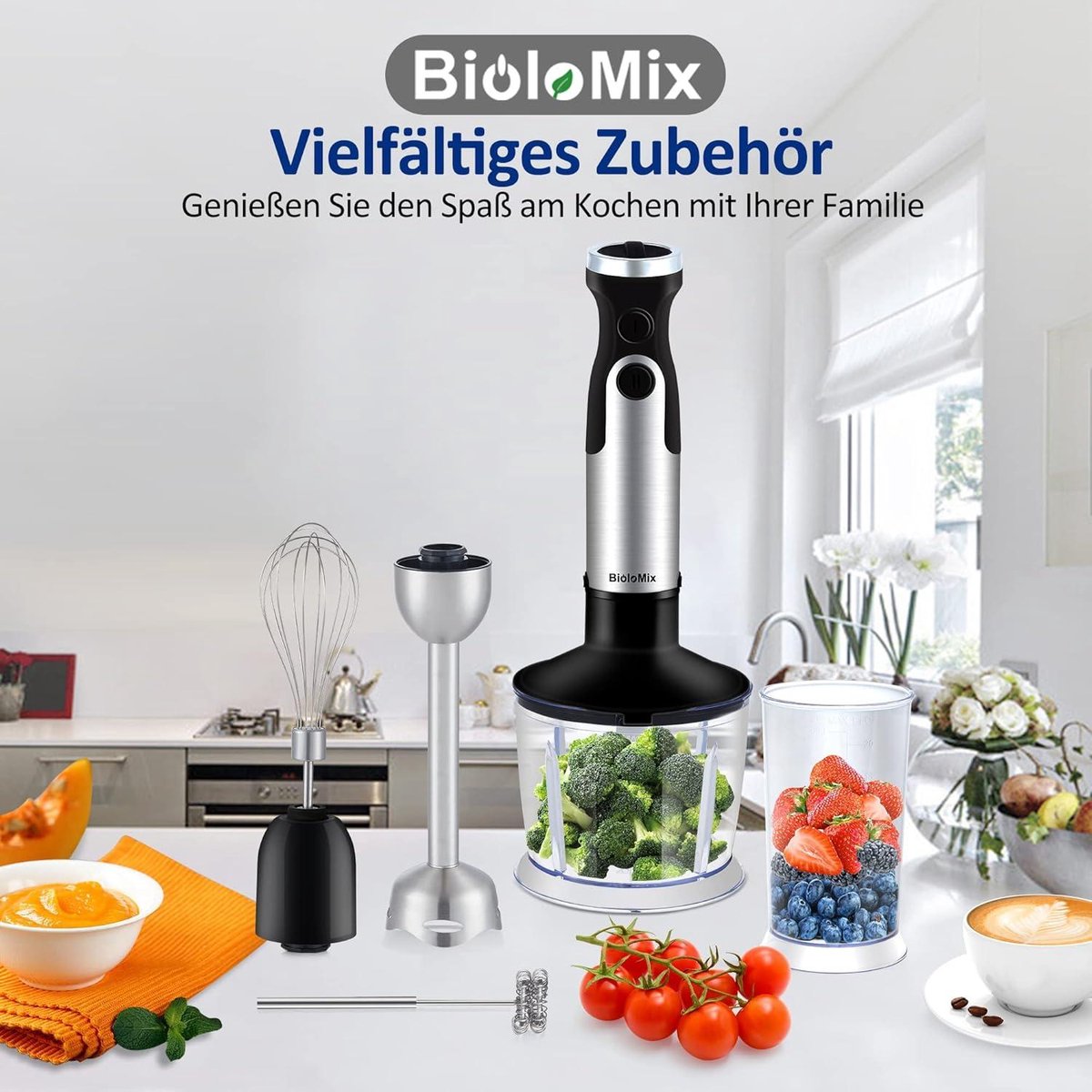 Bonsenkitchen HB8003 Staafmixerset, 4-in-1 pureerstaaf van roestvrij