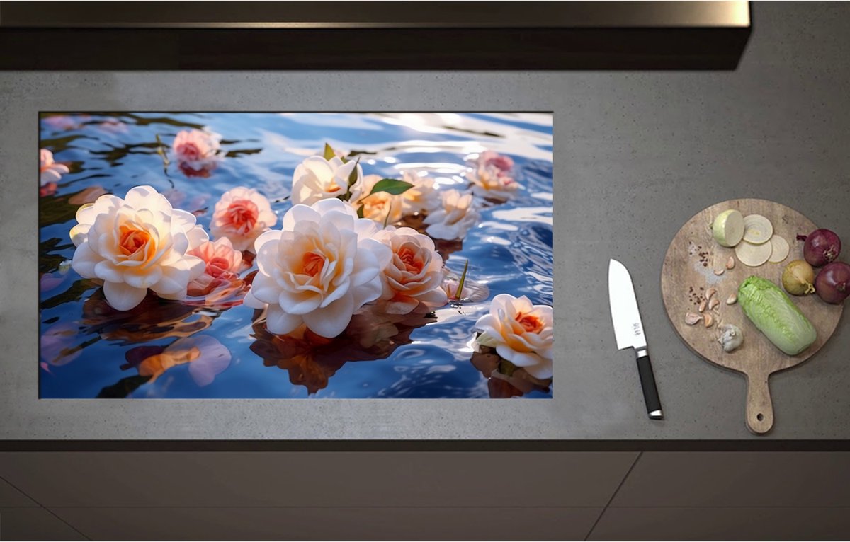 Inductieplaat Beschermer - Camellia Bloemen in het Water - 90x51 cm - 2 mm Dik - Inductie Beschermer - Bescherming Inductiekookplaat - Kookplaat Beschermer van Wit Vinyl