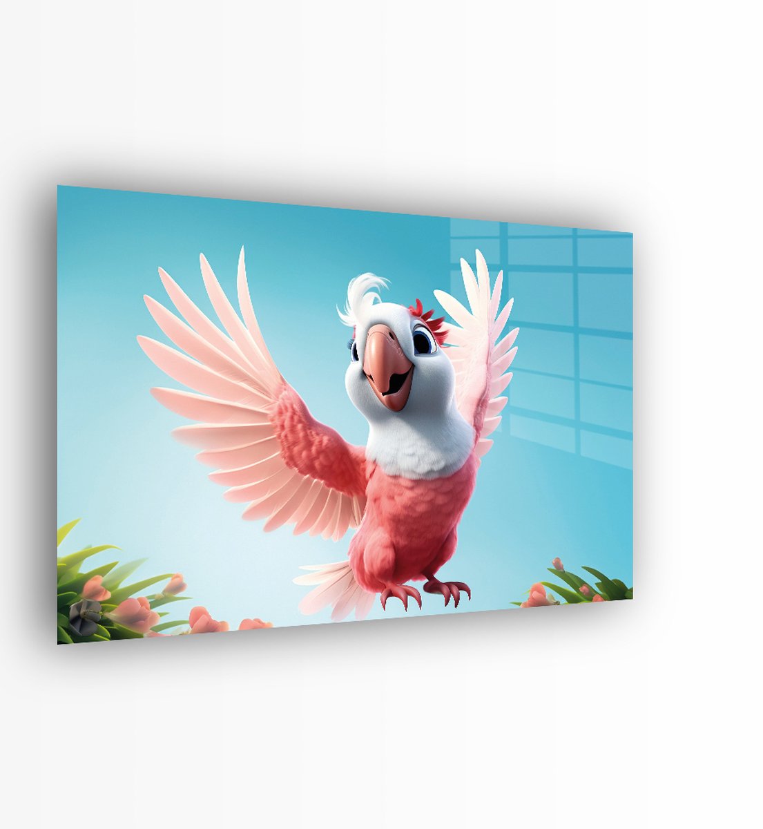 Indoorart Glasschilderij schattige parkiet 60x40 CM - Afbeelding op plexiglas - Inclusief montagemateriaal wit, roze, blauw, groen