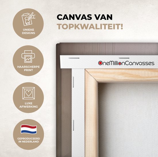 Detail van een canvas schilderij met de tekst 'Canvas van topkwaliteit'.