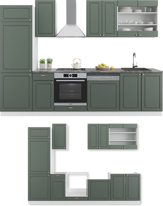 Vicco Elément de cuisine complet Fame- Line, Green- Goud Country House / Wit/ Wit, 300 cm sans plan de travail