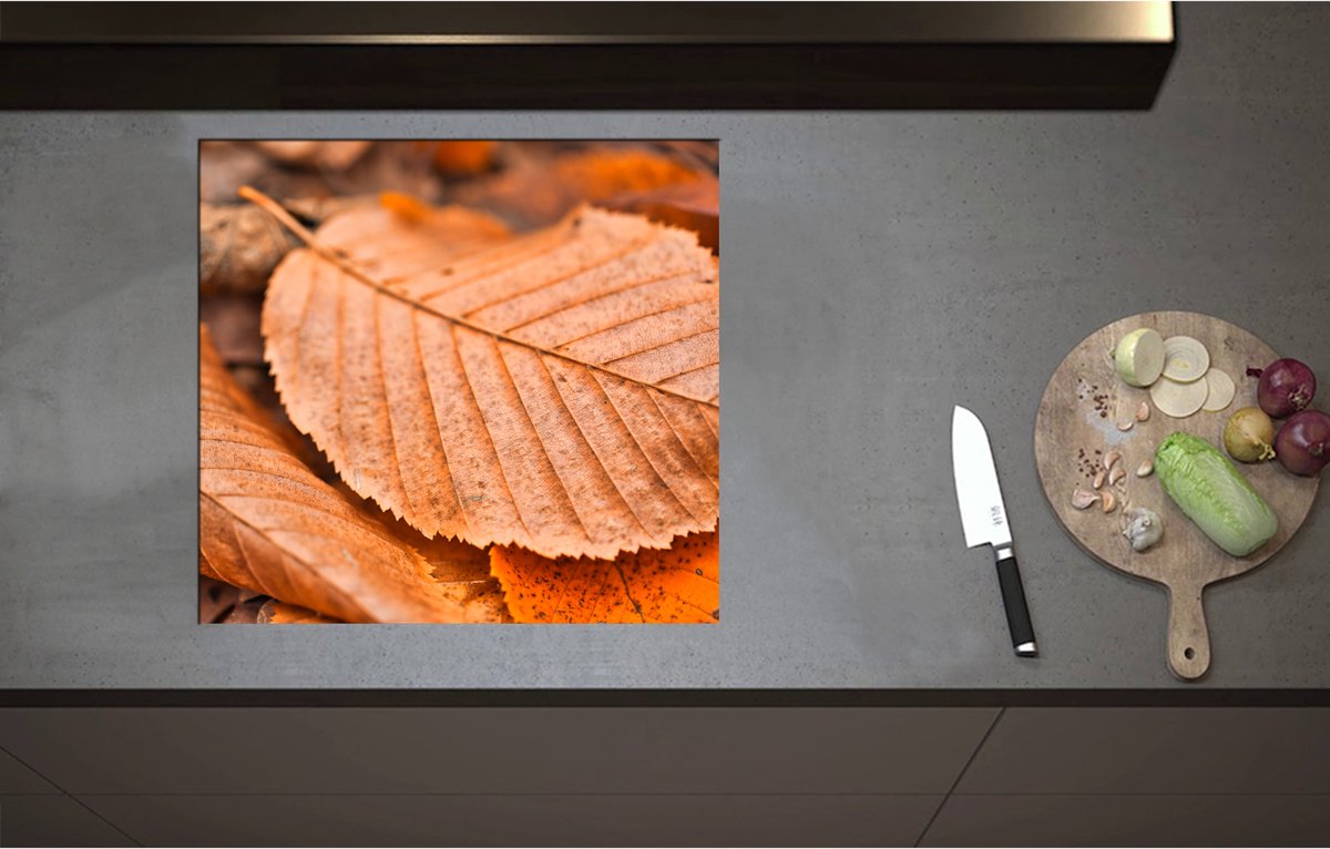 Inductieplaat Beschermer - Bruin Herfstblad - 59x55 cm - 2 mm Dik - Inductie Beschermer - Bescherming Inductiekookplaat - Kookplaat Beschermer van Wit Vinyl
