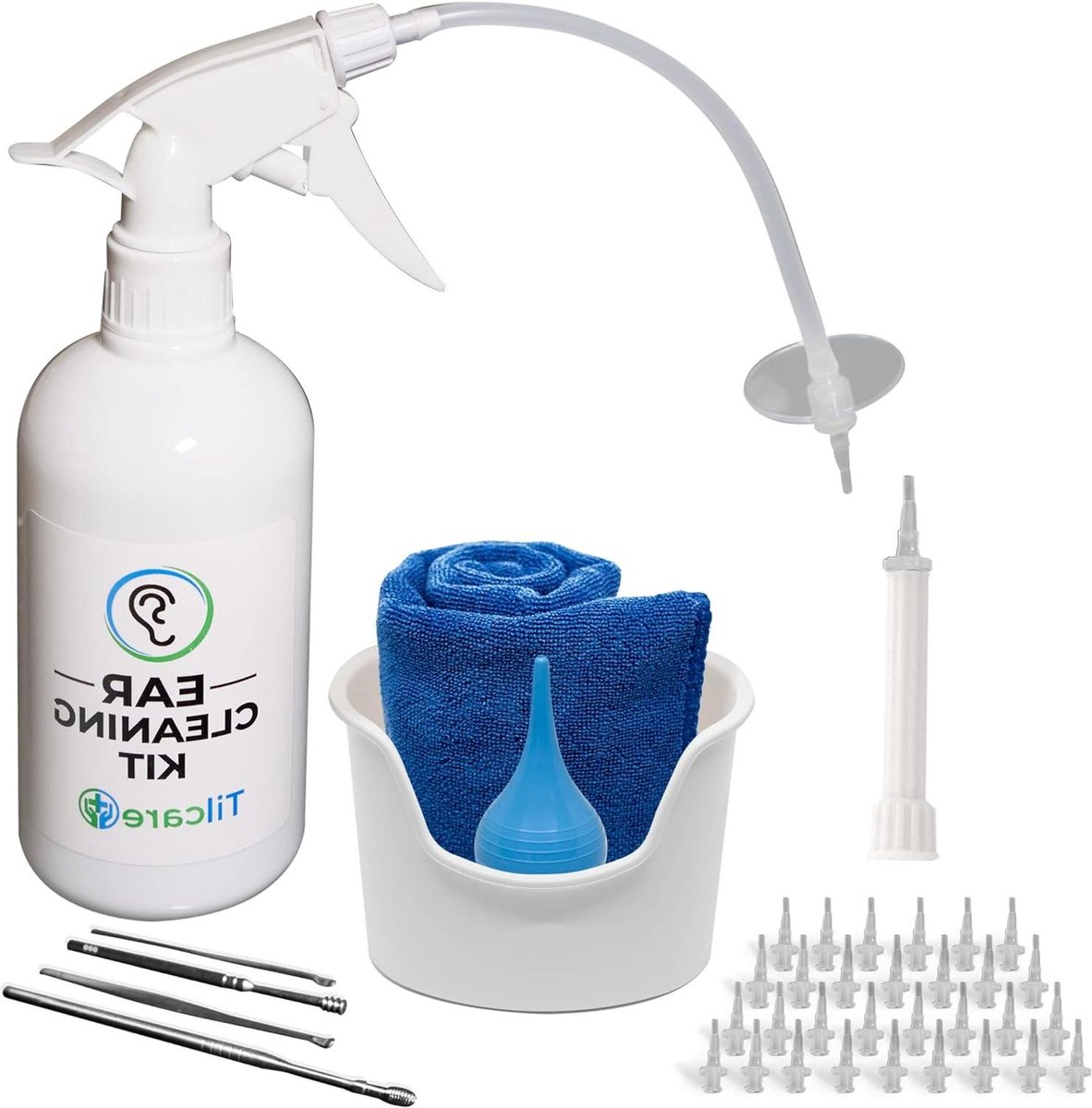 Goedkoopste Oorsmeer Verwijderaar van Tilcare - Oorspoelsysteem voor Volwassenen & Kinderen - Perfecte Oorreiniger Set met Bakje Spruit Curette Doek en 30 Wegwerp Tips