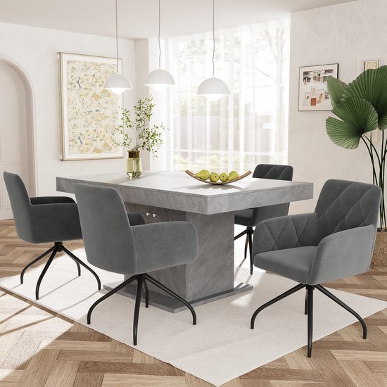 Foto: Sweiko 4 delige set van 360 roterende diamant patroon eetkamerstoelen kussens fauteuils met 4 metalen poten moderne vrijetijdsstoelen slaapkamer en woonkamer stoelen studio lendensteun fluweel koolgrijs excl tafel 