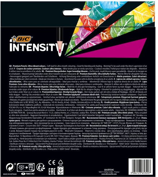 Achterkant van de BIC Intensity Premium 24 Kleurpotloden verpakking.