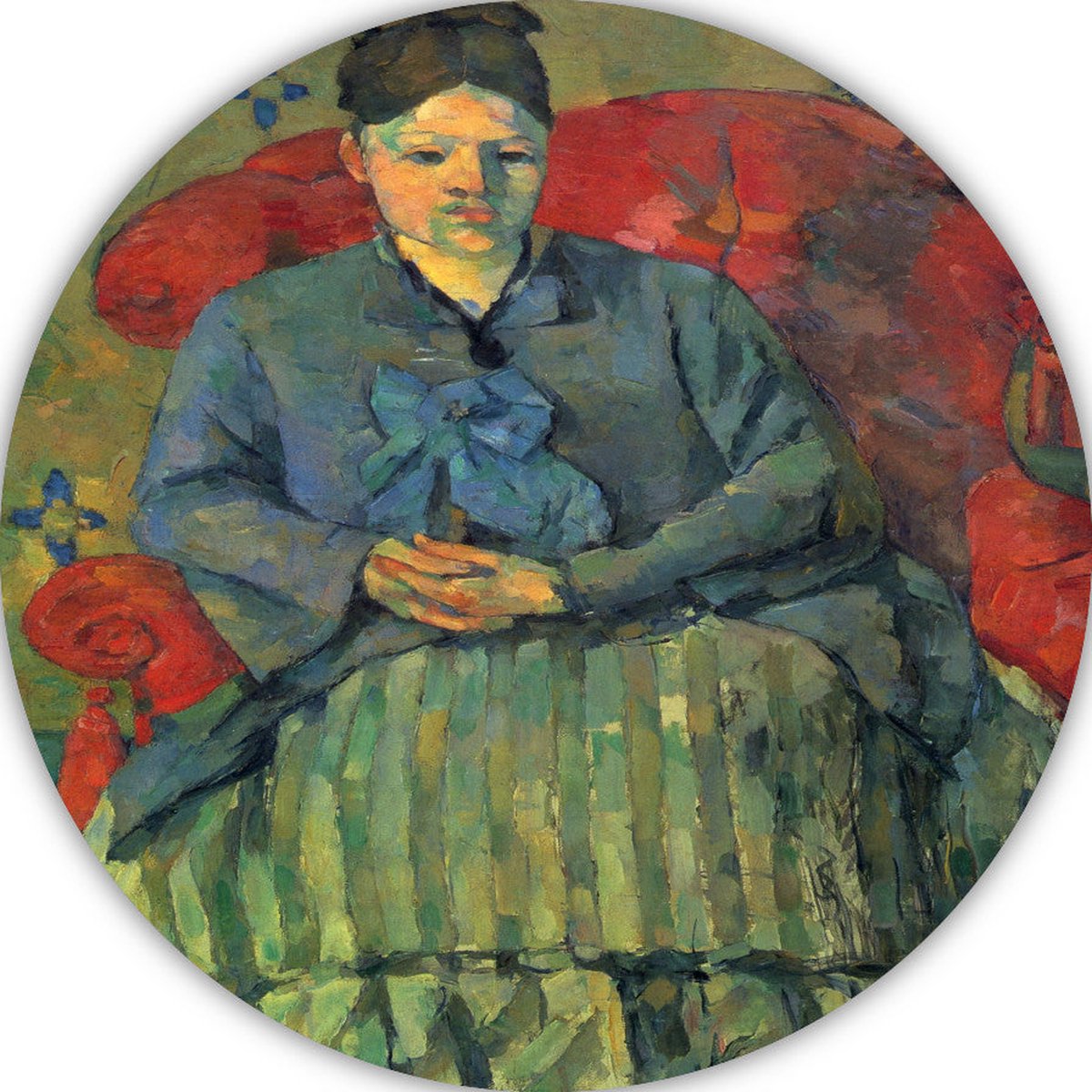Portret van mevrouw Cézanne in een rode fauteuil - Paul Cézanne wandschalen - Vrouw schilderij - Wandschaal Portret - Klassieke schilderijen - Schilderij - Kunst muurcirkel aluminium 60x60 cm