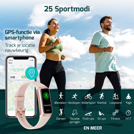 Man en vrouw rennend met activity trackers, smartphone met GPS-functie, en iconen van sporten zoals wandelen en yoga.