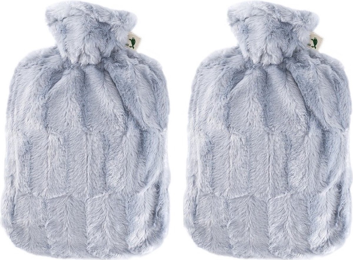 Goedkoopste Warm water kruik met warme bont hoes - 2x - grijs - 1800 ml - hoogpolig pluche - kinderen/volwassenen - cadeau