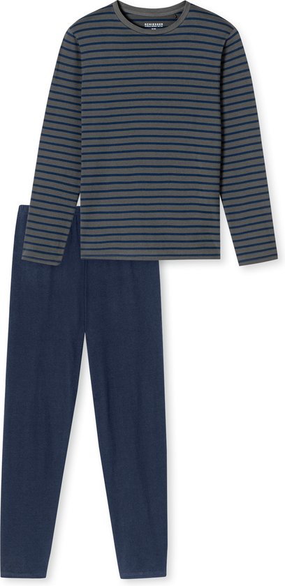 Herenschirt met lange mouwen en horizontale blauwe strepen op een antracietkleurige achtergrond, met een effen donkerblauwe pyjamabroek ernaast.