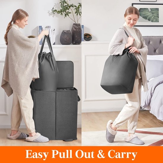 Panier à linge double panier à linge avec couvercle et Paniers à linge amovibles Groot panier à linge sale pliable à 2 séparateurs avec poignée Zwart