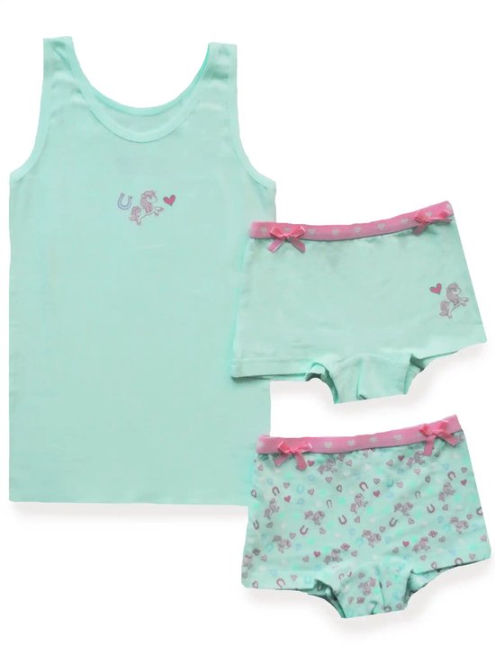 Mintgroen hemd met paardjesprint en bijpassende mintgroene shorts met strikjes, met paardjes en hartjesprint.