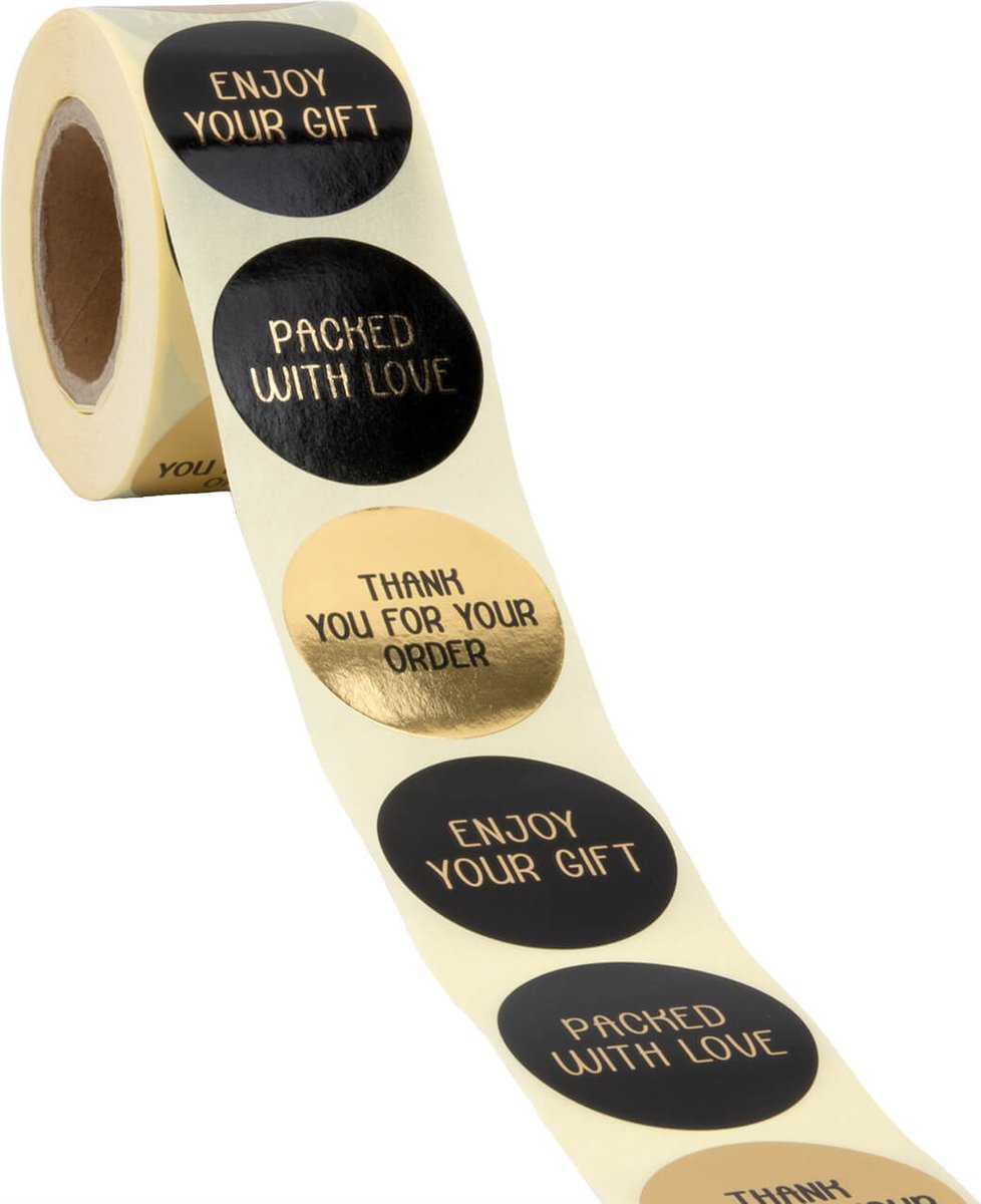Cadeau stickers - 500 stuks - 'Thank you' assorti Goud-Zwart 40mm - Stickers volwassenen - Sluitstickers - Sluitzegel - Ronde stickers op rol