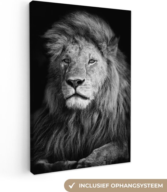 Canvas schilderij - Wilde dieren - Leeuw - Zwart - Wit - Woondecoratie - 90x140 cm - Foto op canvas - Canvasdoek