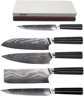 Sumisu Knives - Japanse messenset 5-delig incl. slijpsteen - Black collection - 100% damascus staal - Complete messenset - Geleverd in luxe geschenkdoos