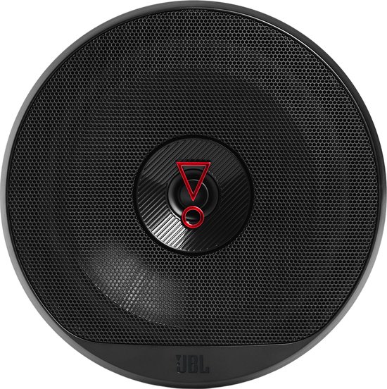 Zwarte JBL speaker met rood JBL logo in het midden en zwarte grill.