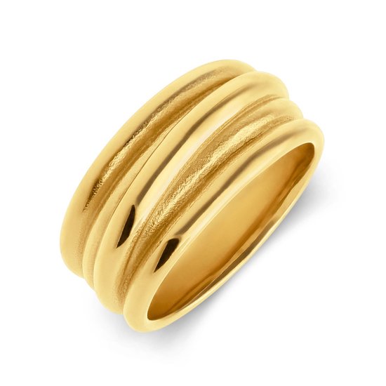 Lucardi Dames Stalen goldplated ring met ribbels smal - Ring - Staal - Goudkleurig - 16 / 50 mm