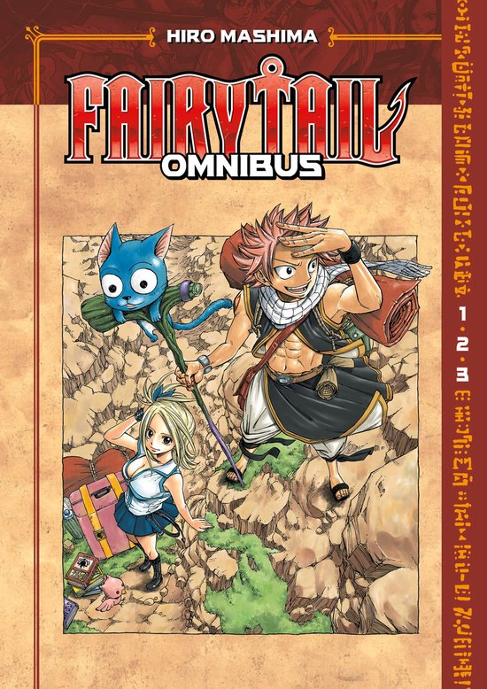 Fairy Tail Omnibus, Hiro Mashima. Natsu, Lucy en Happy met bagage in een rotsachtige omgeving.