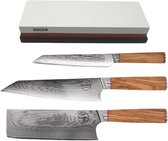 Sumisu Knives - Japanse messenset 3-delig incl. slijpsteen - Black collection - 100% damascus staal - Chefkok messenset - Geleverd in luxe geschenkdoos